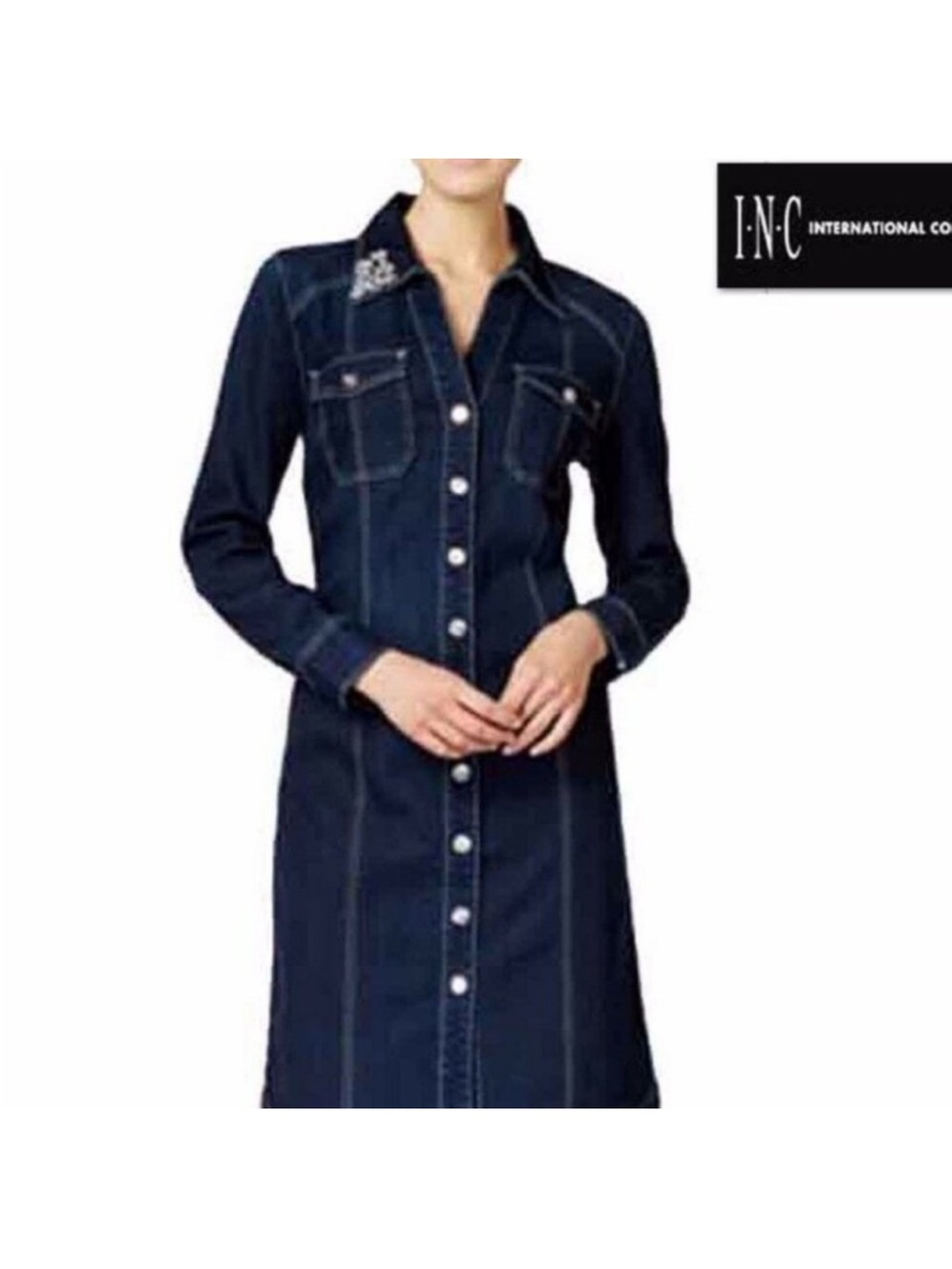 INC International Concepts Dark Indigo Denim Jacket with Crystal Appliqué